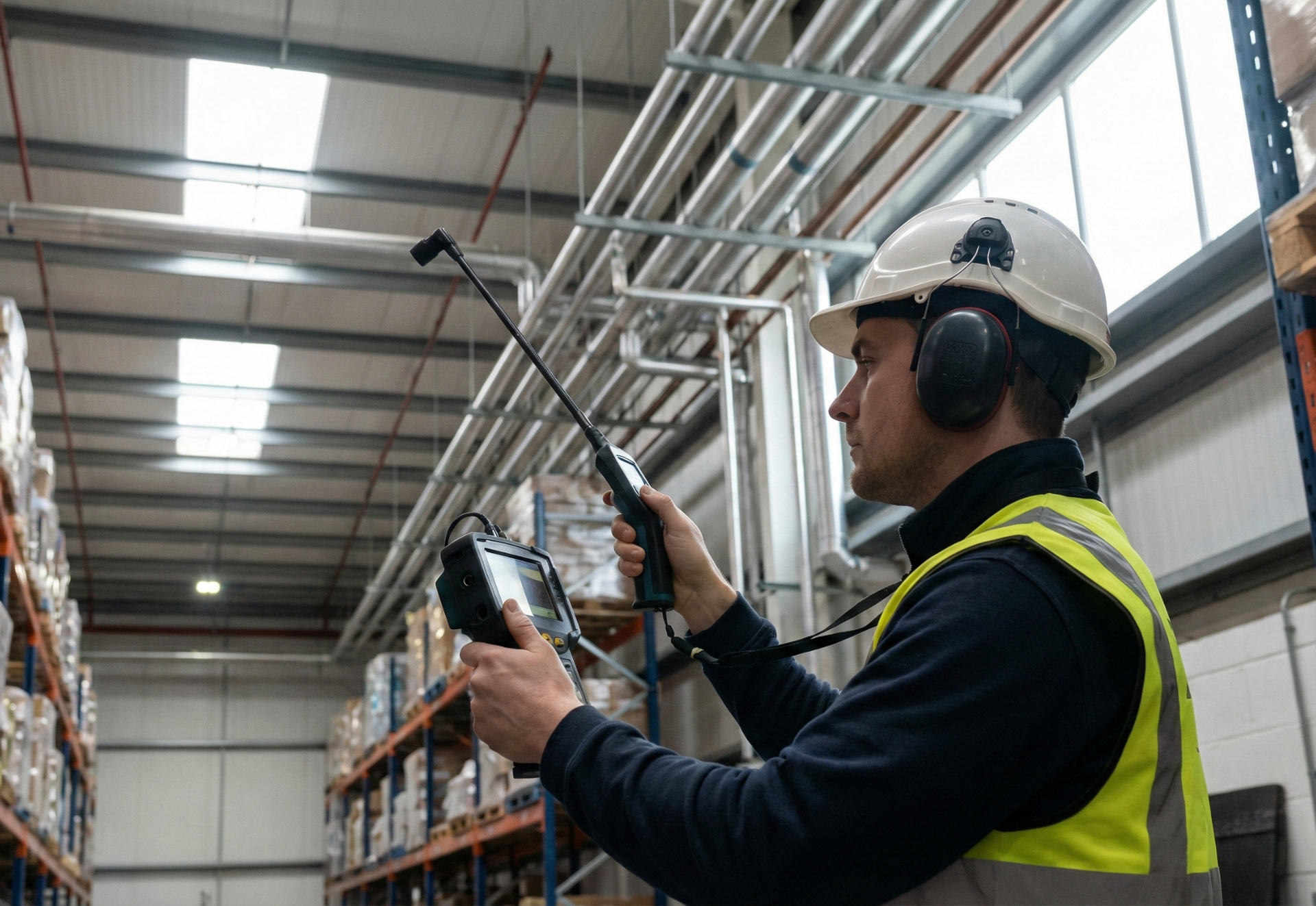Man in safety gear checks pipes in warehouse with inspection equipment.