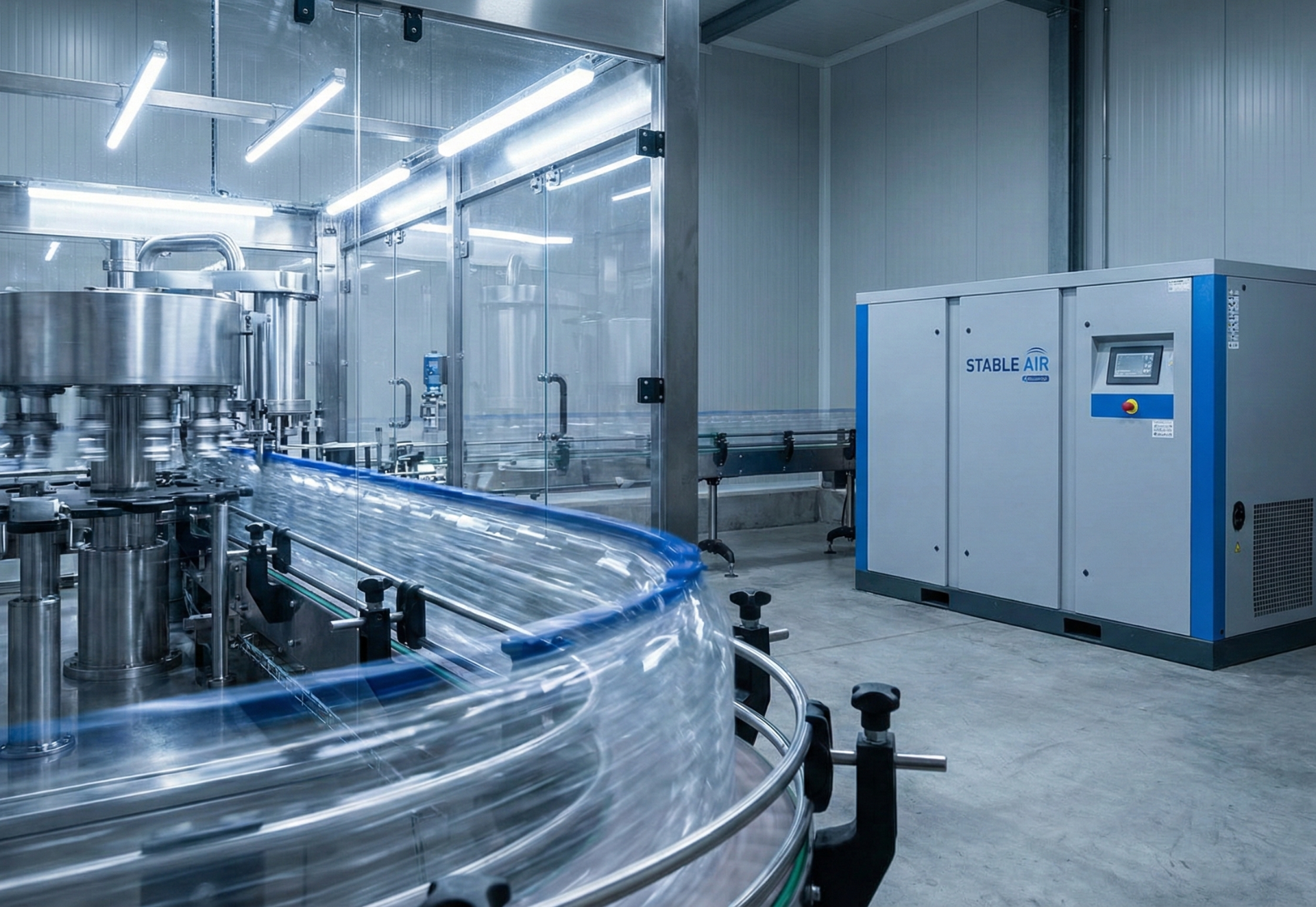 Bottling machine on a conveyor belt in a factory, with a large gray machine in the background.
