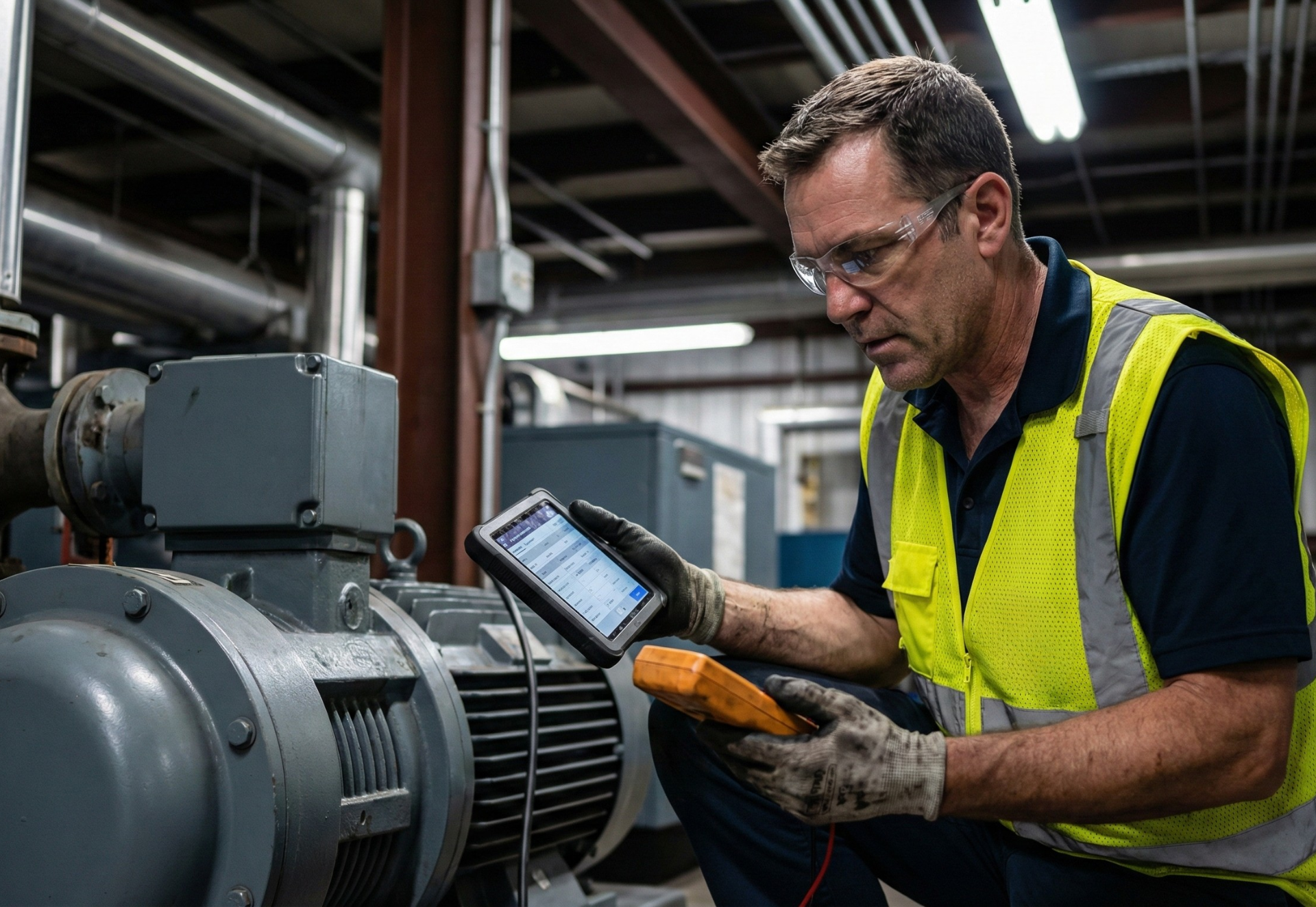 Maintenance worker inspecting machinery, using tablet and multimeter in industrial setting.