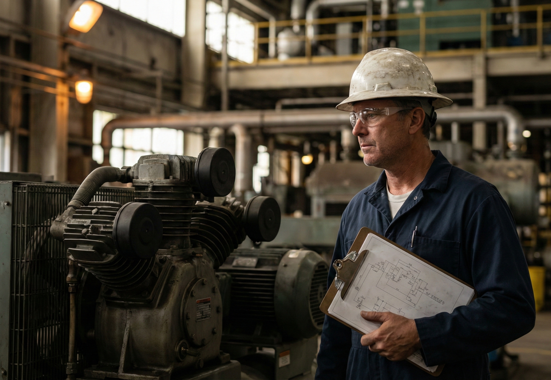 Engineer in hard hat inspects equipment in a factory, holding a clipboard.