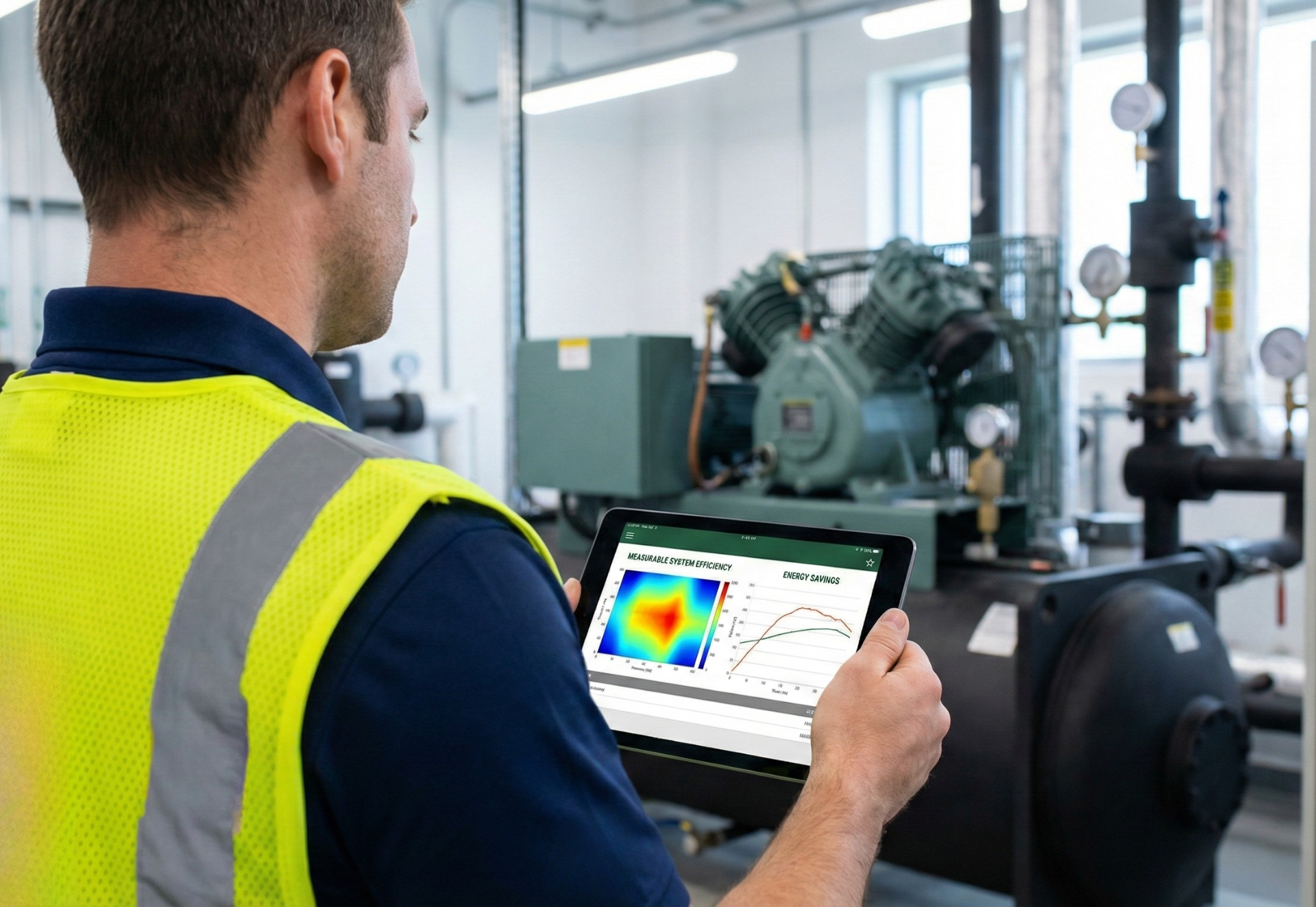 Man in safety vest uses tablet to view equipment data in industrial setting.