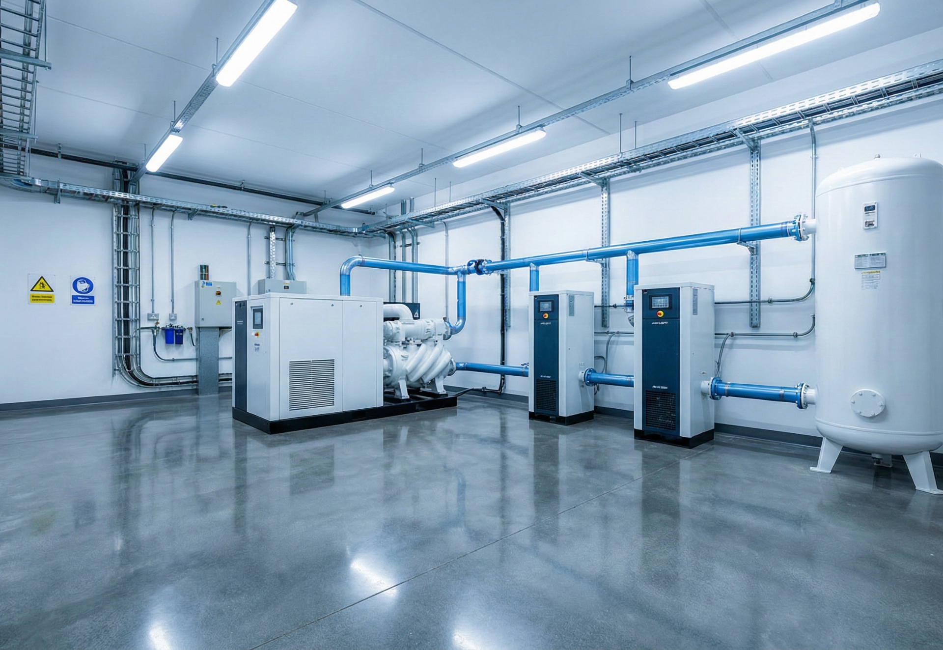 Industrial equipment in a clean, brightly lit room with blue piping and a large storage tank.