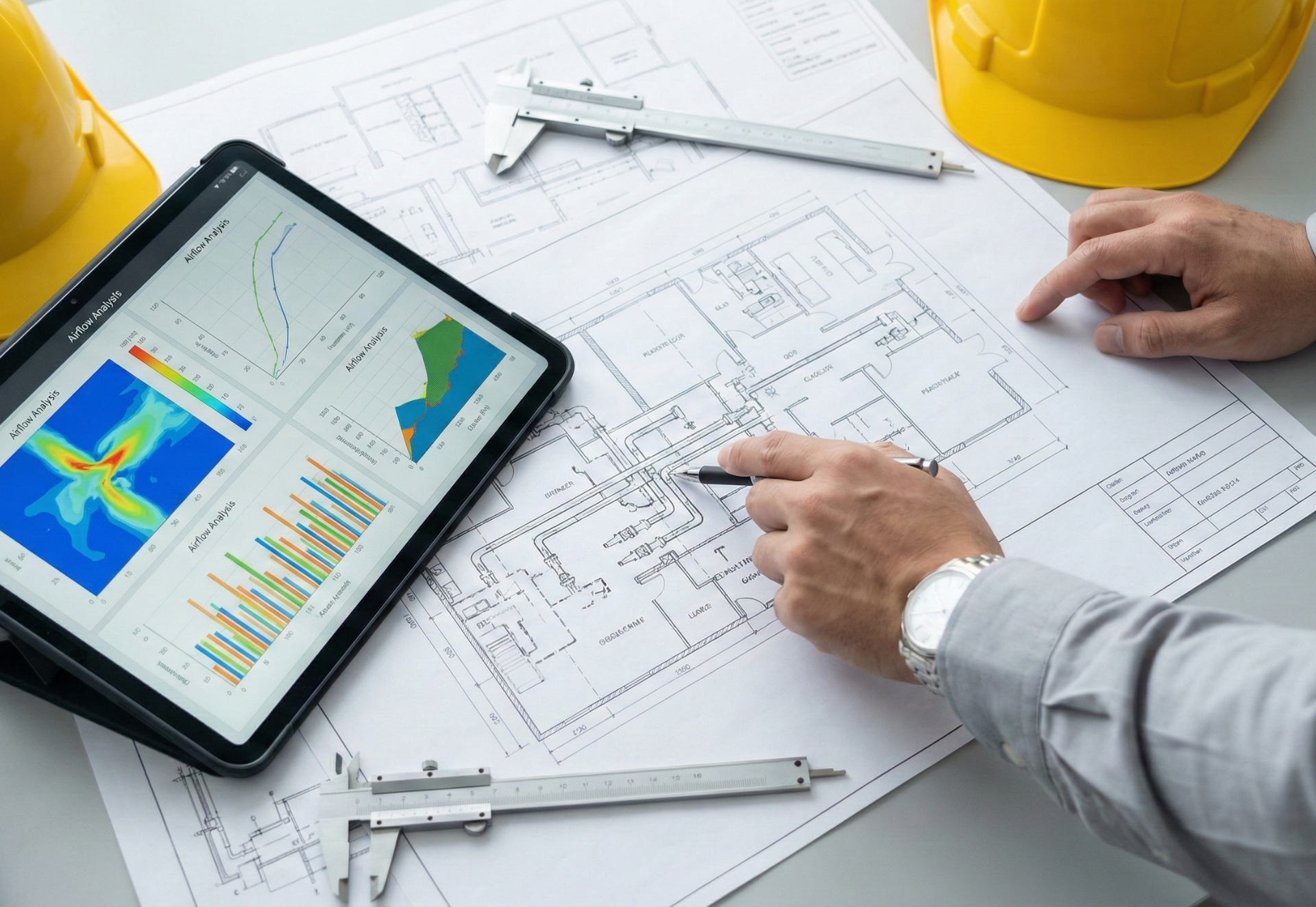 Architect examining blueprints with a tablet displaying charts, next to calipers and hard hats.