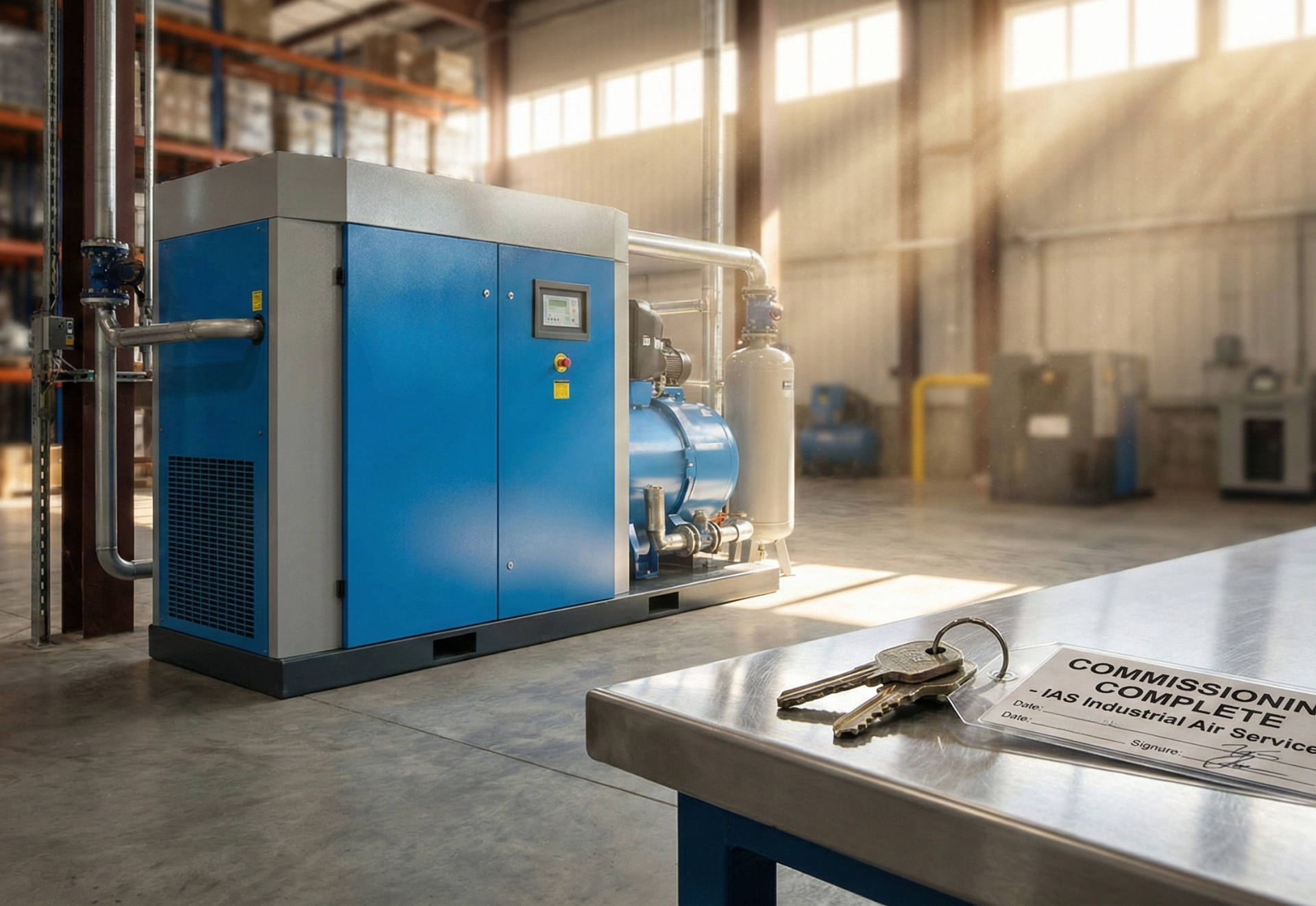 Blue industrial air compressor in a warehouse; keys on a table in the foreground.
