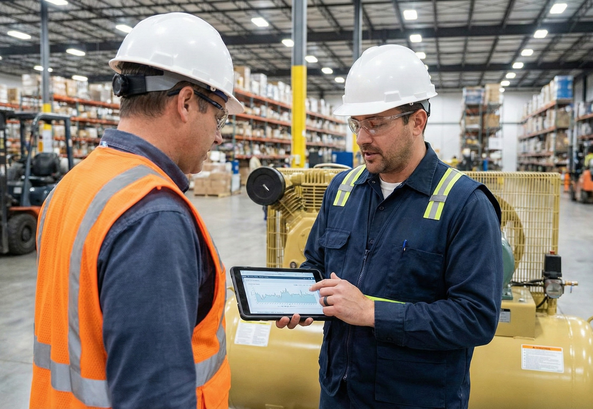 Two workers in hard hats examine a tablet in a warehouse setting. One points to the screen.