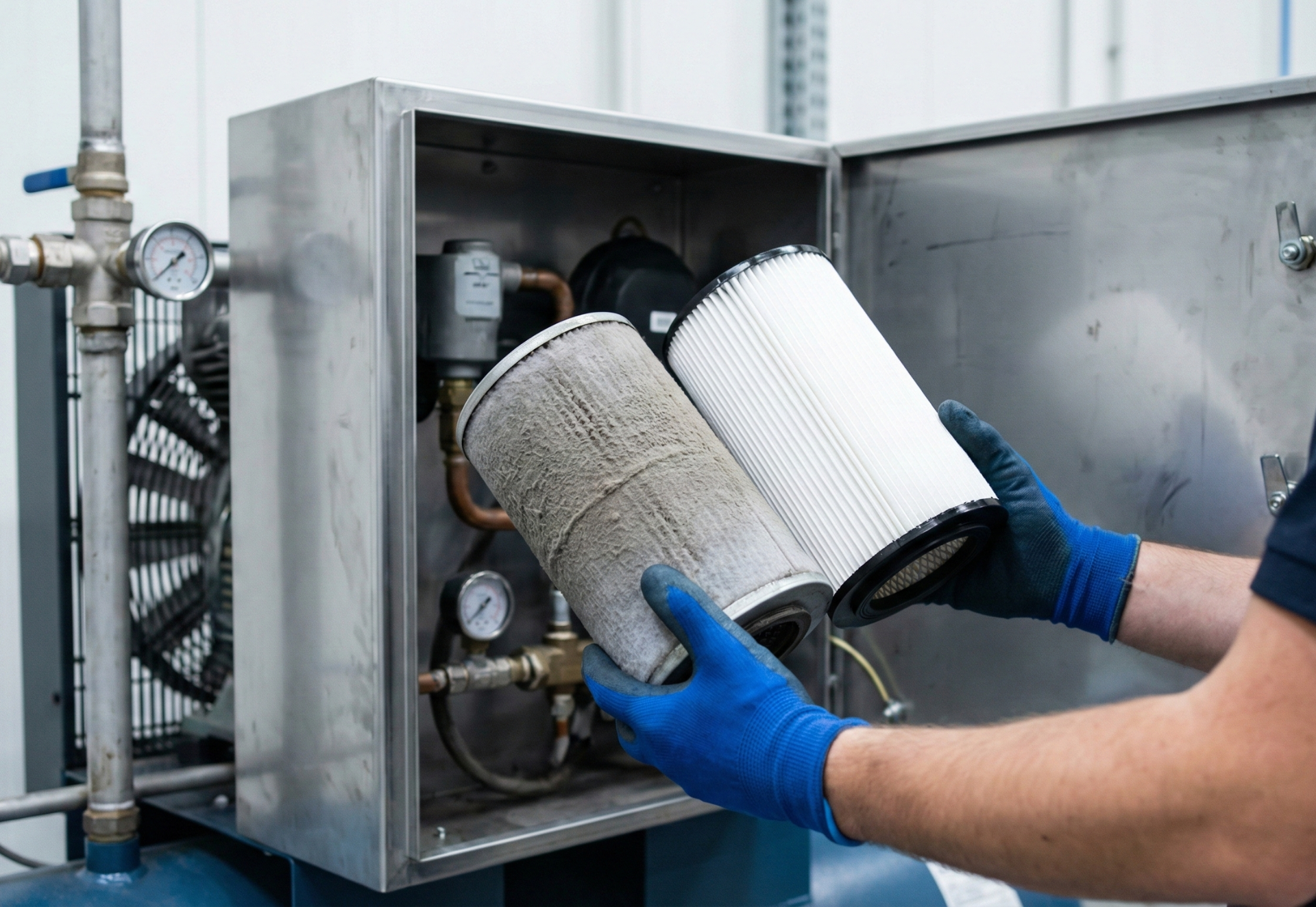 Person in blue gloves holding a dirty air filter next to a clean one inside of a metal box.