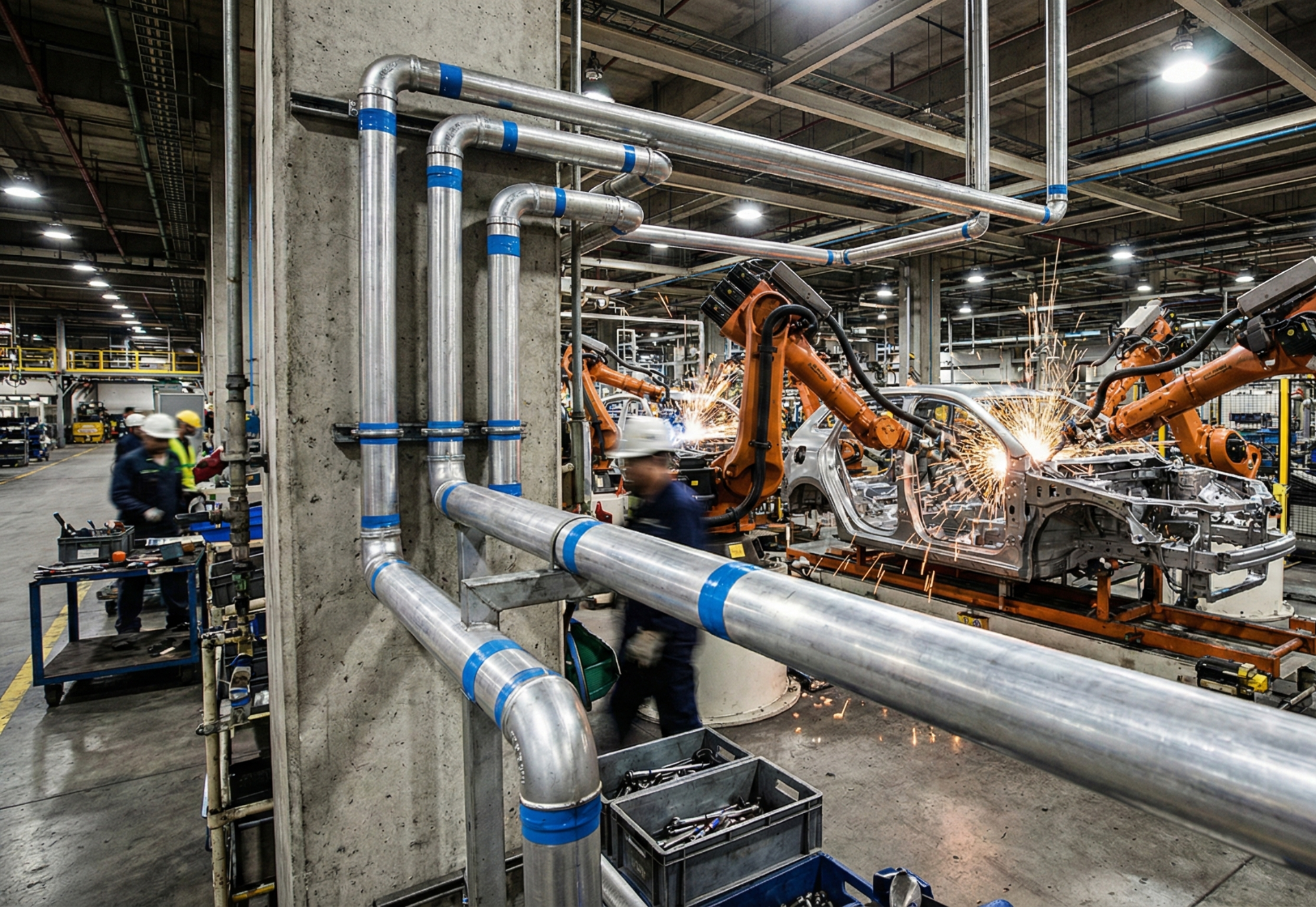Factory interior: robotic arms welding a car frame, workers, and industrial pipes.
