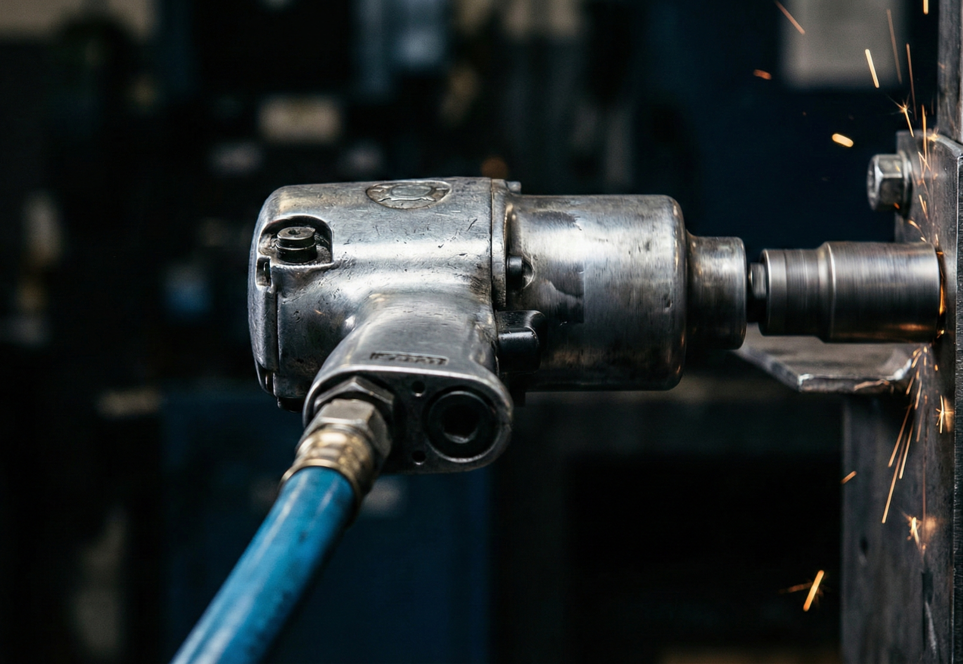 An air impact wrench removing a bolt, sparks flying, blue air hose connected. Industrial setting.