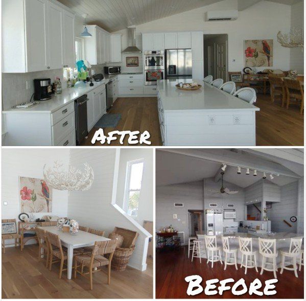 A before and after photo of a kitchen and dining room