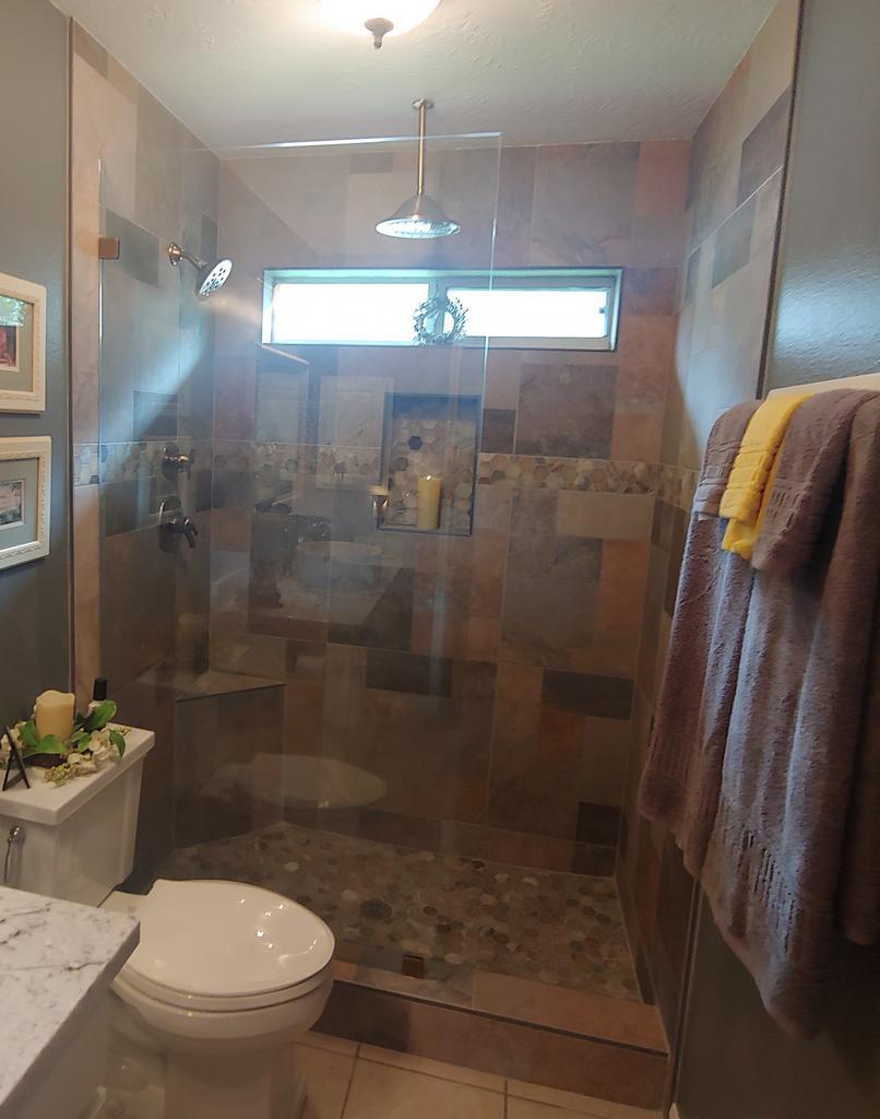 A bathroom with a toilet , sink and walk in shower.