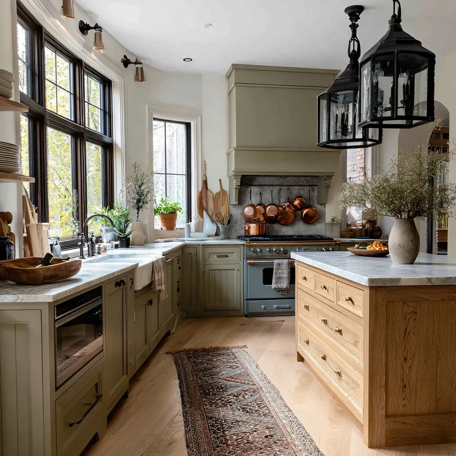 Cozy kitchen with sage green cabinets, light wood island, and black lantern lights.