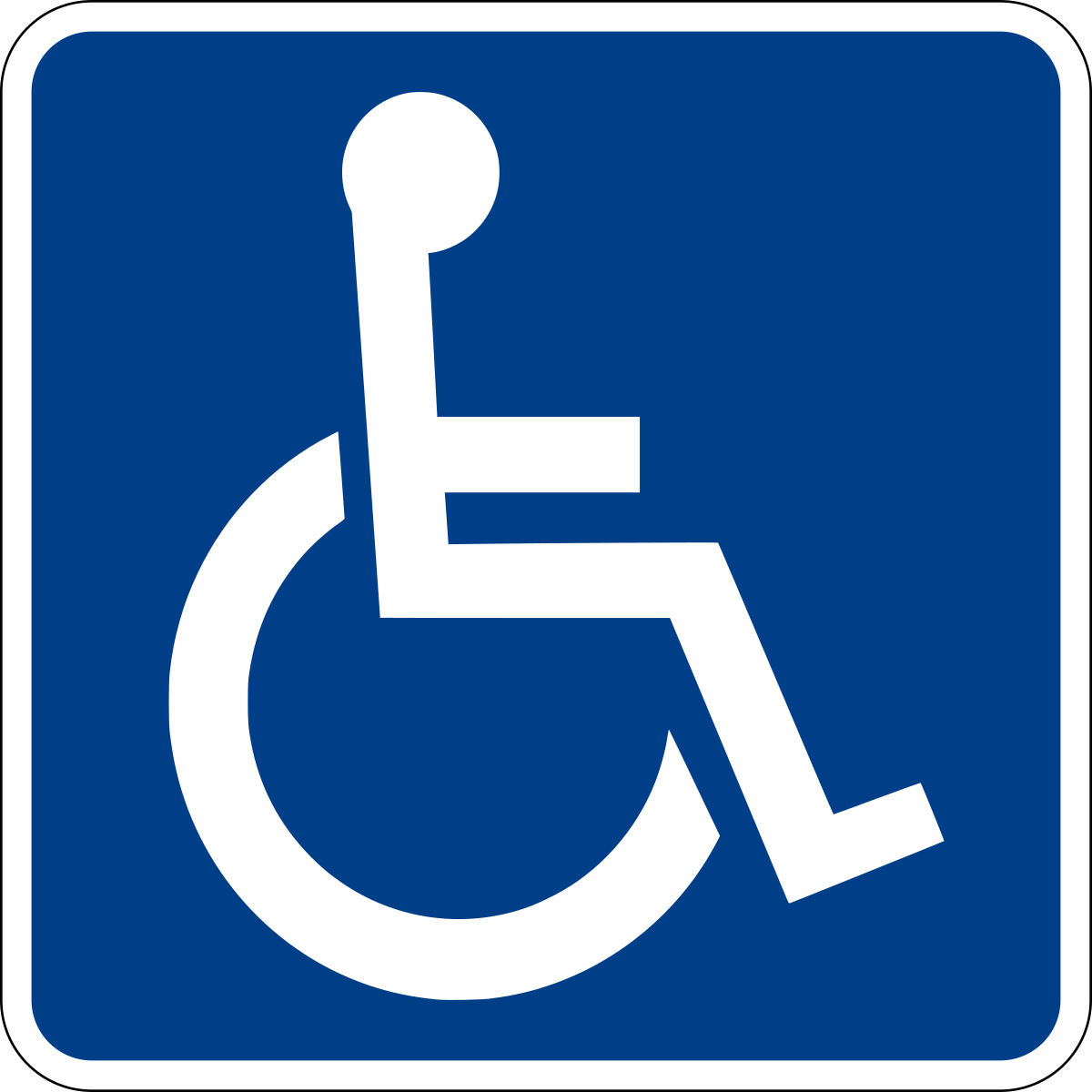 Un cartel azul con un icono blanco de una persona en silla de ruedas.