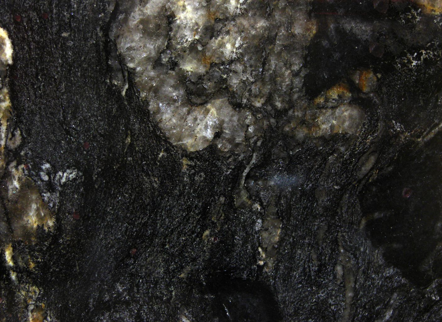 Un primer plano de una roca negra con manchas blancas.
