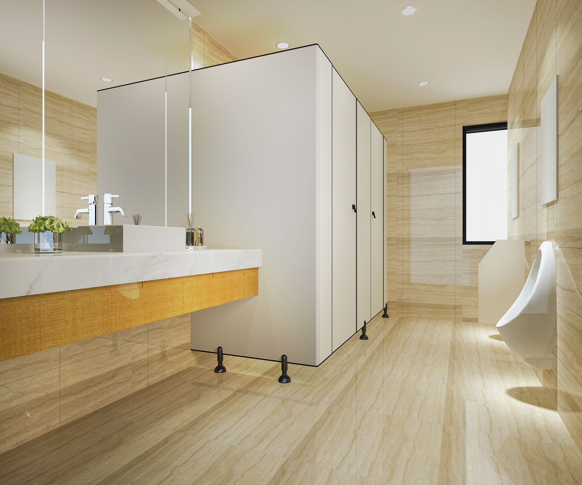Un baño con lavabo, urinarios, espejos y ventana.