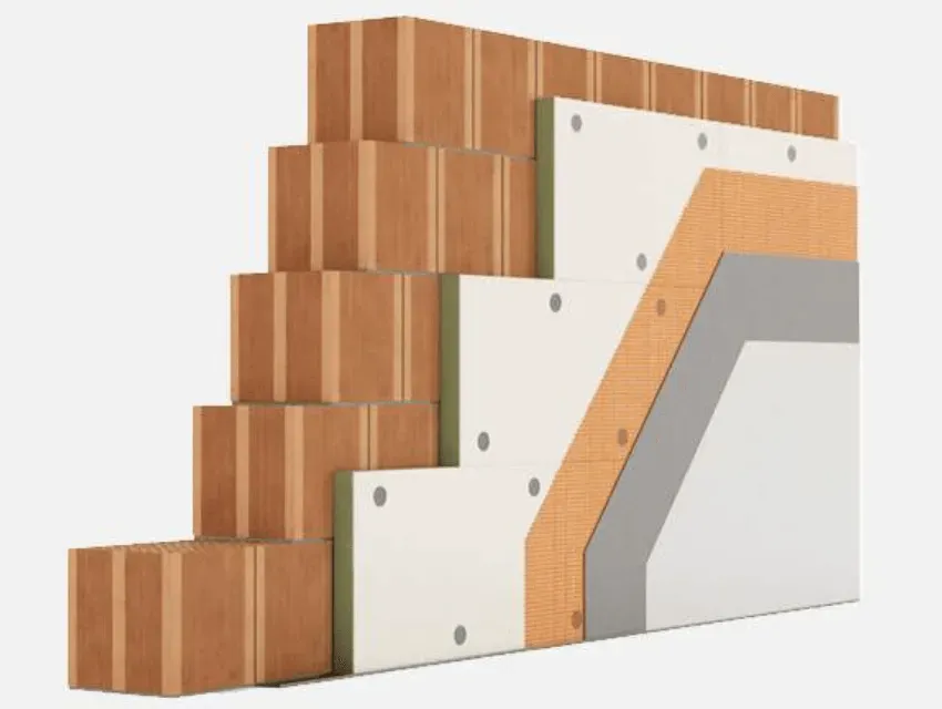 Un modelo 3D de una pared de ladrillos con aislamiento.