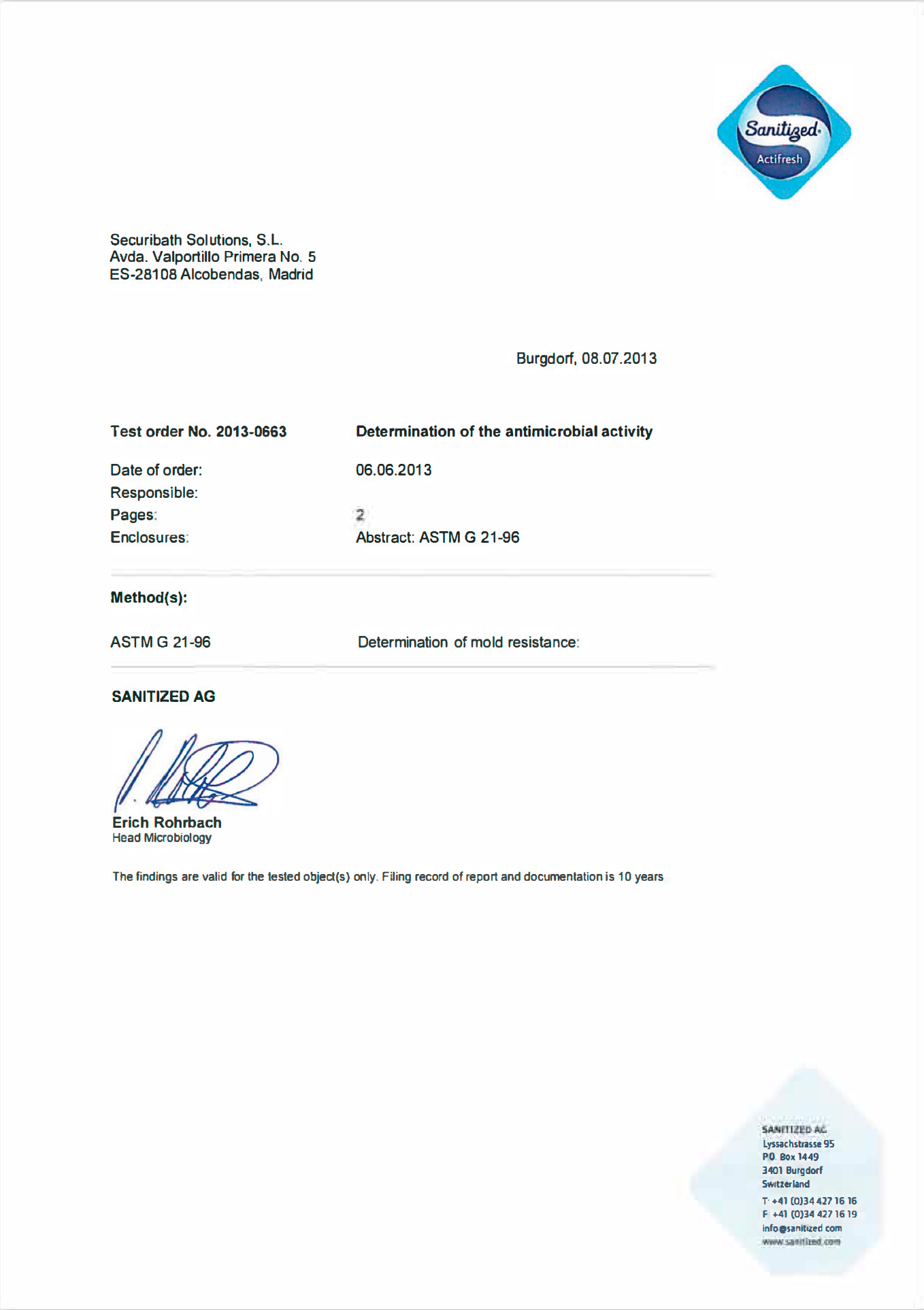 Documento oficial de la certificación de Sanitiged