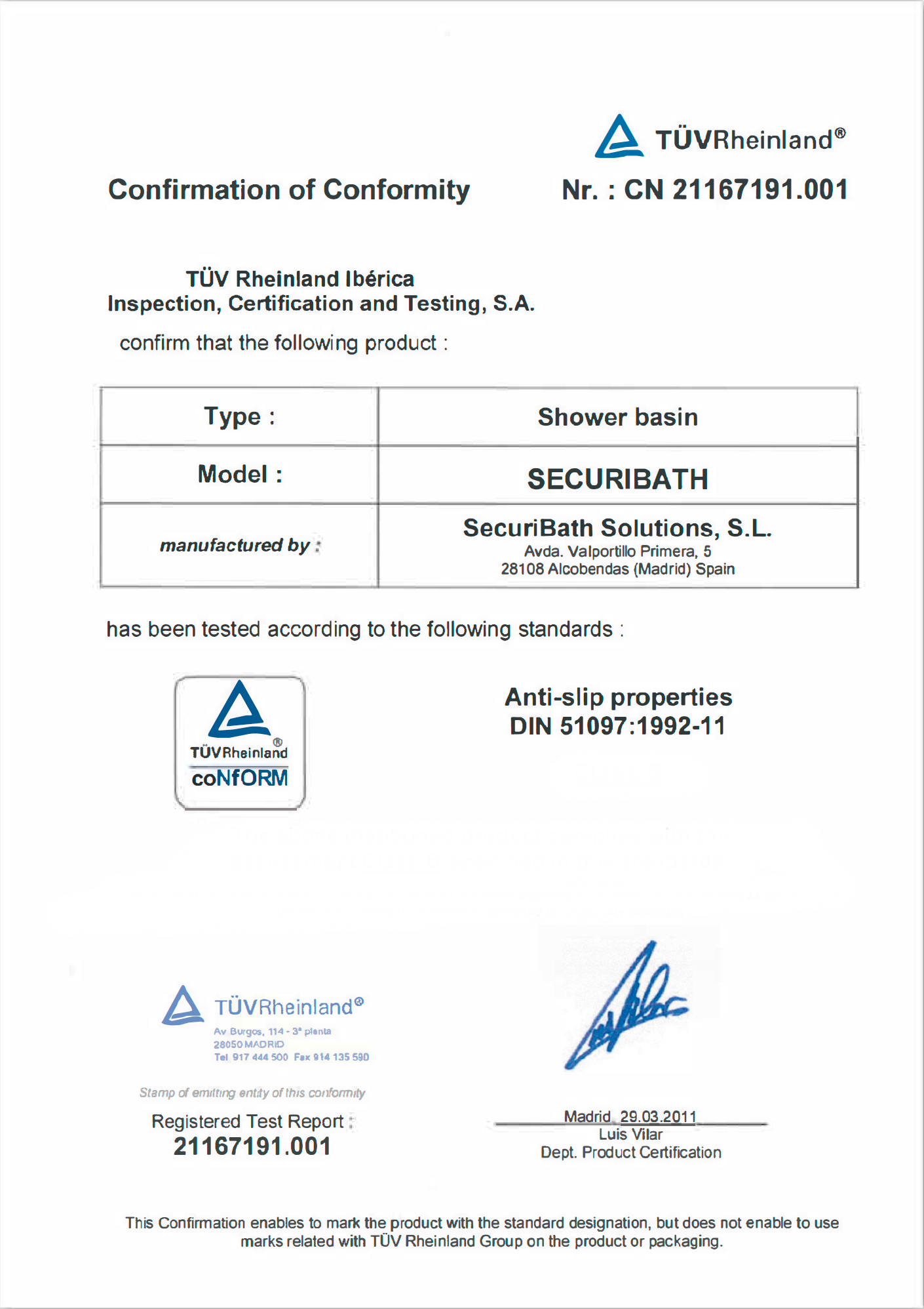 Documento oficial de la certificación de TüV