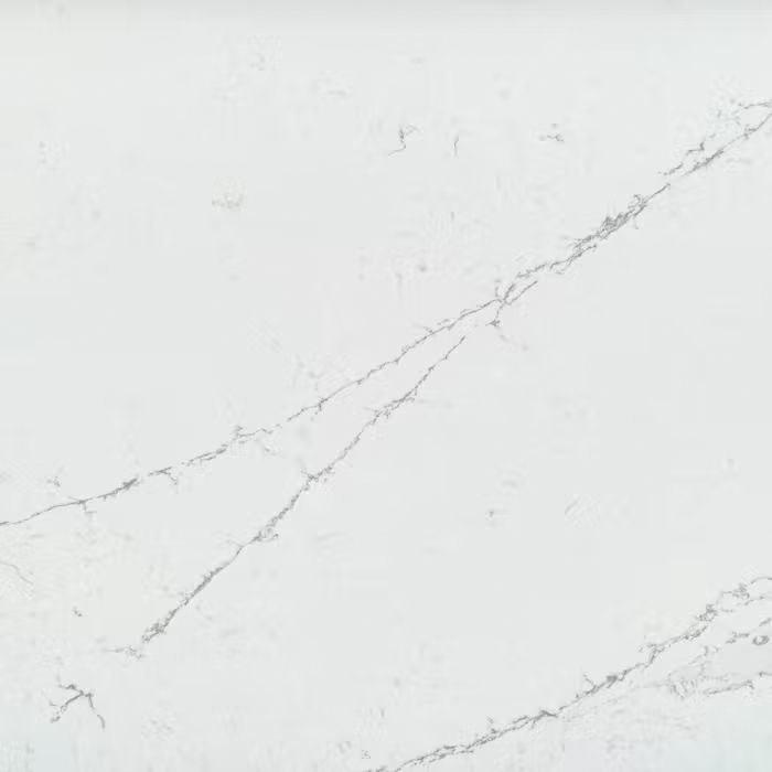 Un primer plano de una encimera de mármol blanco con una franja negra.