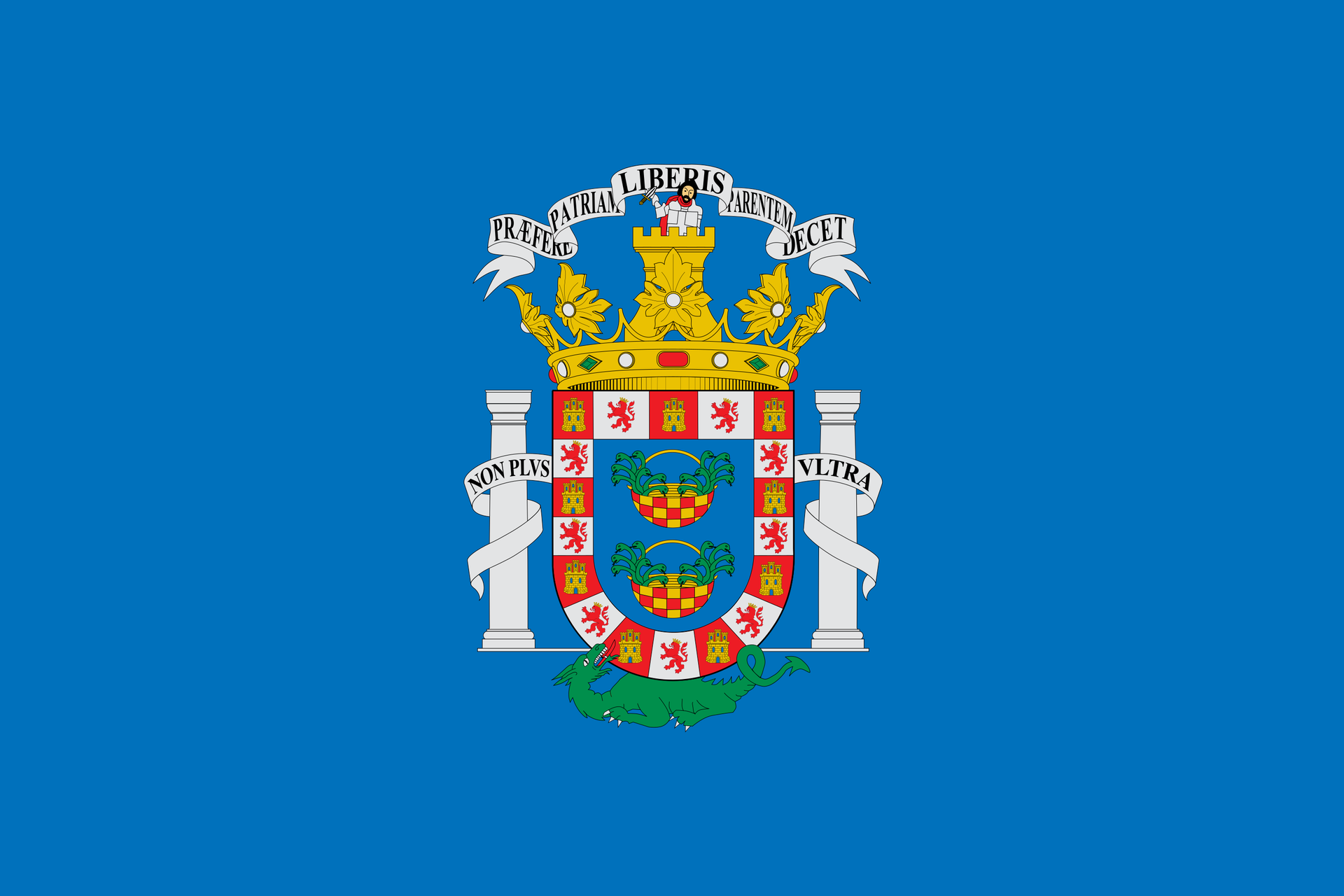 Una bandera azul con un escudo de armas.