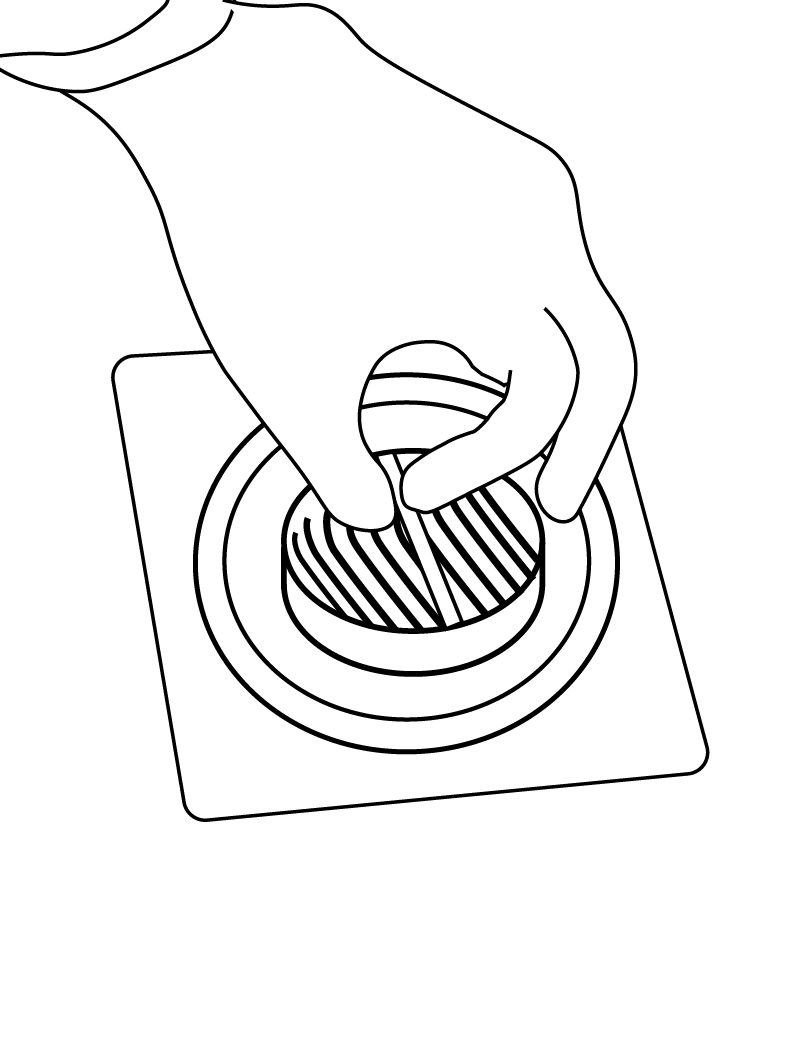 Un dibujo en blanco y negro de una persona sacando el cestillo de la válvula de desagúe.