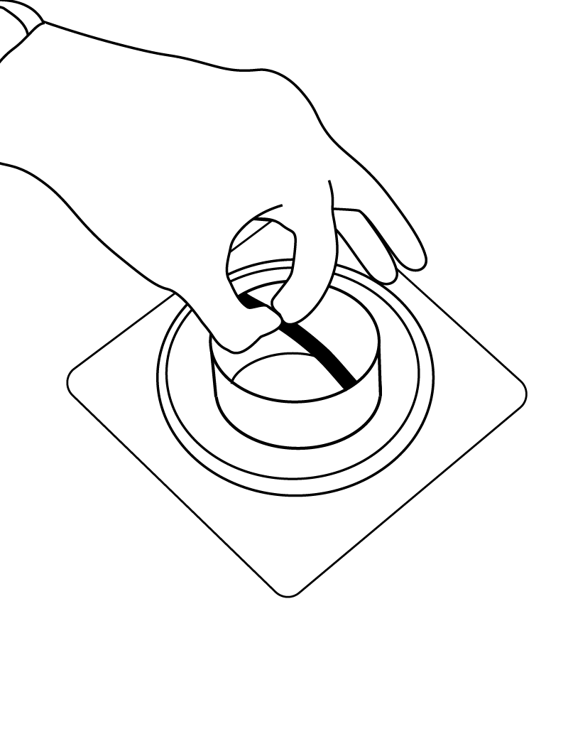 Un dibujo en blanco y negro de una persona colocando el cestillo de la válvula de desagüe.