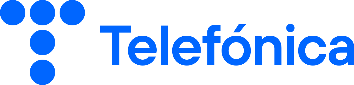 Un logotipo de Telefónica con puntos azules sobre un fondo blanco.