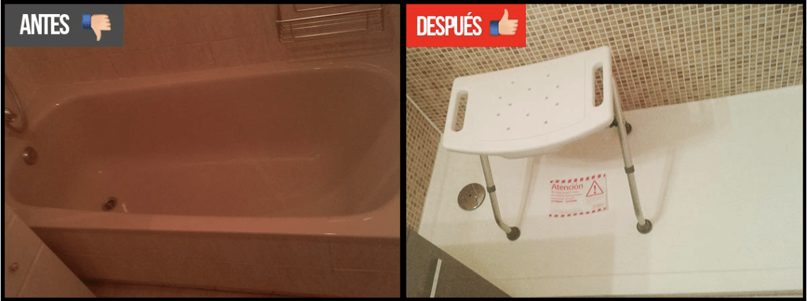 Una foto del antes y el después de una bañera y una silla.