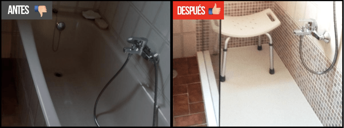 Una foto del antes y el después de un baño con silla de ducha