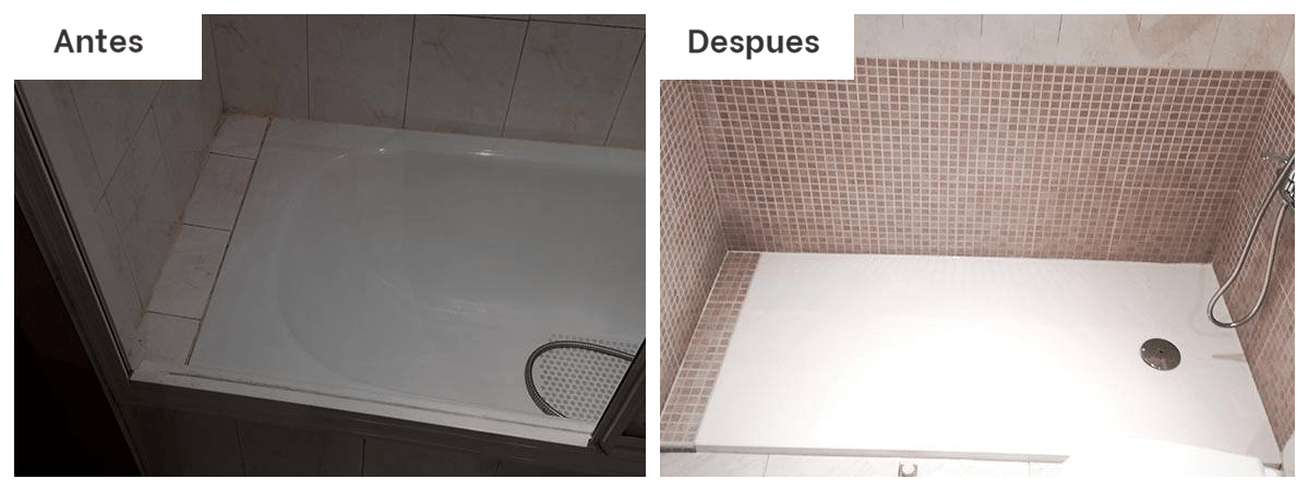 Una imagen del antes y el después de una cabina de ducha en un baño.