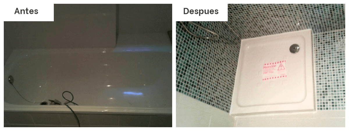 Una foto del antes y el después de una bañera y una cabina de ducha.