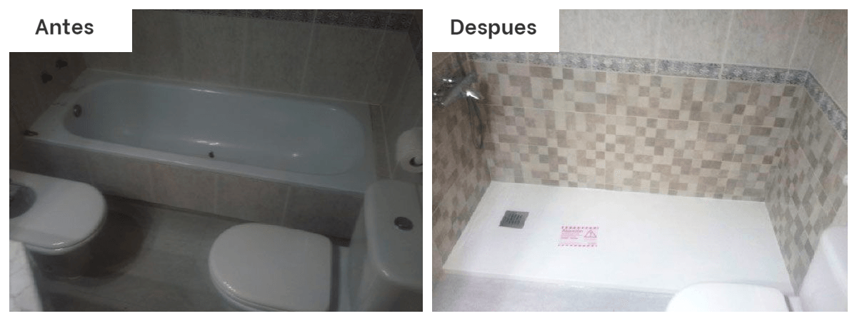 Una foto del antes y el después de un baño con bañera y WC.