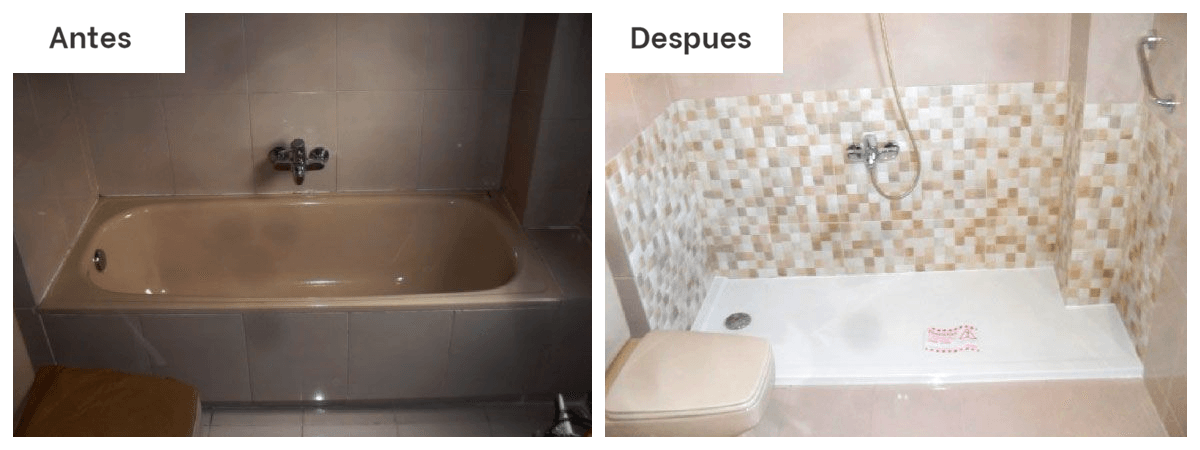 Una foto del antes y el después de un baño con bañera y ducha.