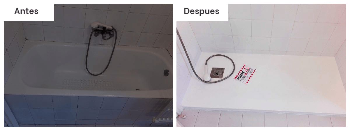 Una foto del antes y el después de una bañera y una ducha.