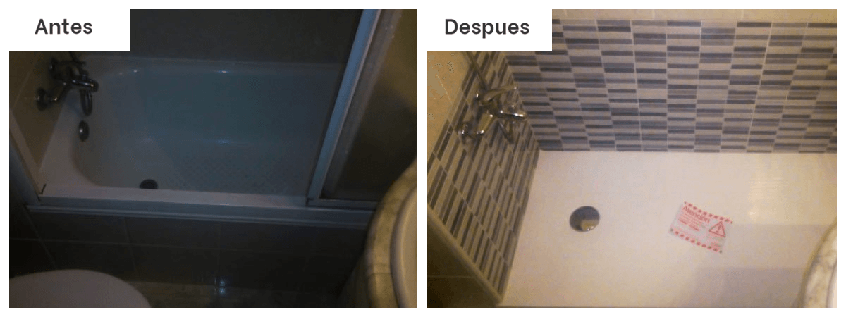 Una imagen de antes y después de un baño con las palabras antes y despues.