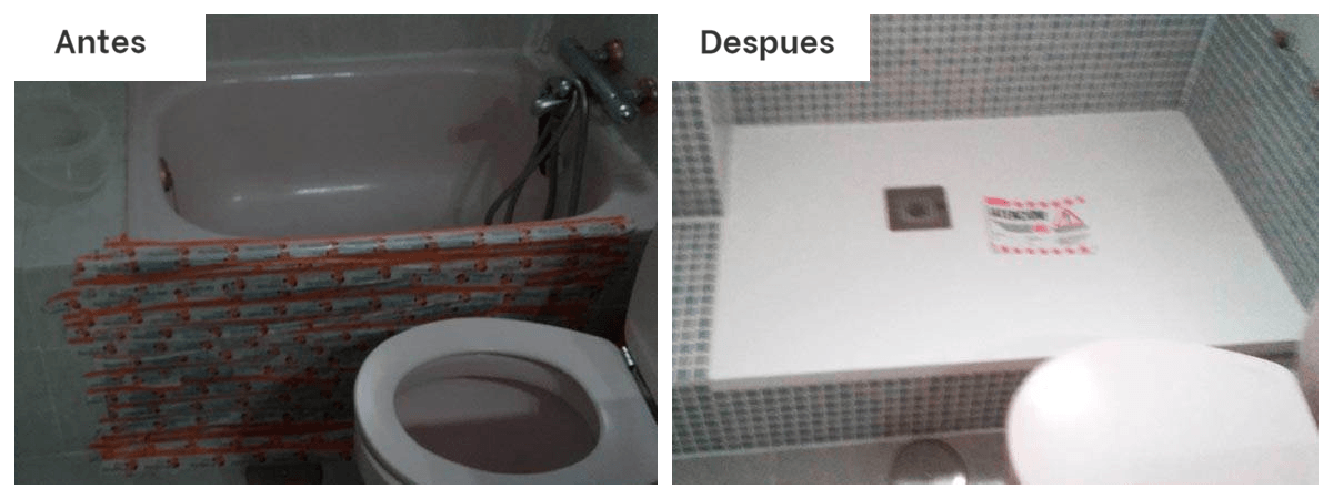 Una foto del antes y el después de un baño con bañera y WC