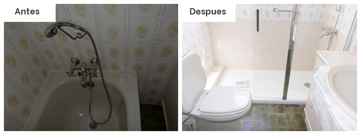 Una foto del antes y el después de un baño con bañera y WC.