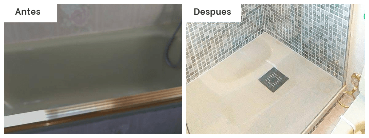 Una imagen del antes y el después de una bañera y una cabina de ducha.