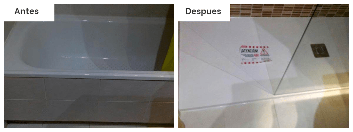 Una foto del antes y el después de una bañera y una ducha
