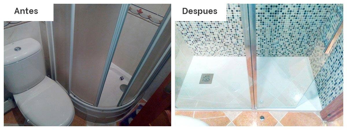 Una imagen del antes y el después de un baño con inodoro y cabina de ducha.
