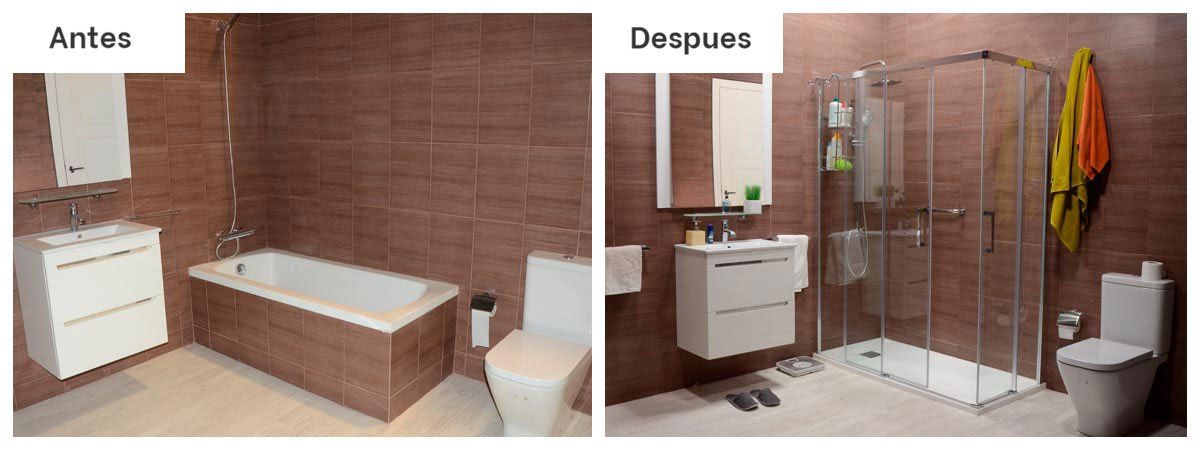Una foto del antes y el después de un baño con bañera, inodoro, lavabo y ducha.