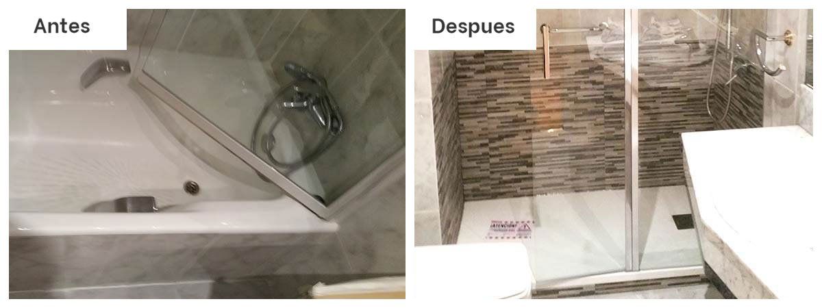 Una foto del antes y el después de un baño con escritura en español.