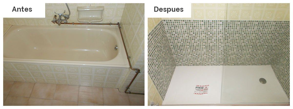 Una foto del antes y el después de una bañera y una ducha.