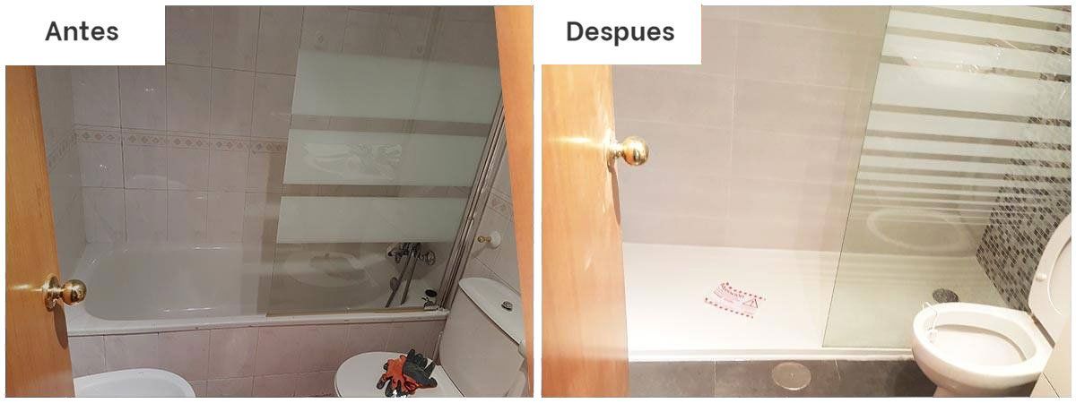 antes y deepues de un baño con cambio de bañera por plato de ducha realizado por Securibath en Torrevieja