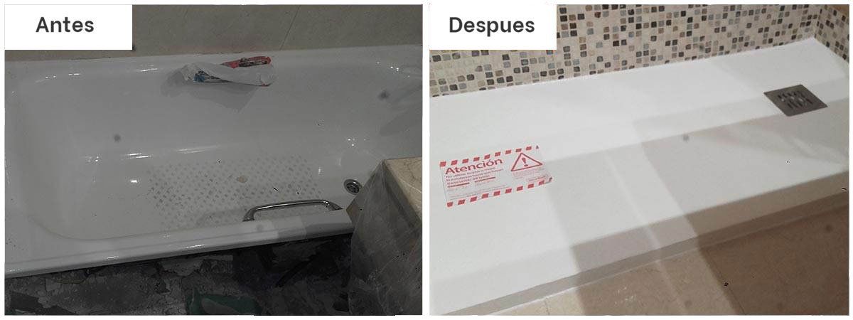 Una foto del antes y el después de una bañera en un baño.