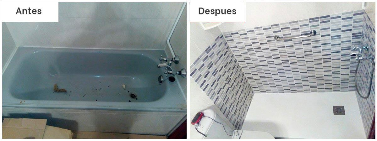 Una foto del antes y el después de una bañera y una ducha.