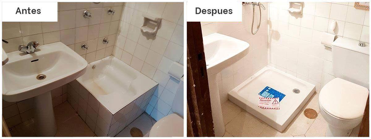 Una imagen del antes y el después de un baño con lavabo e inodoro.