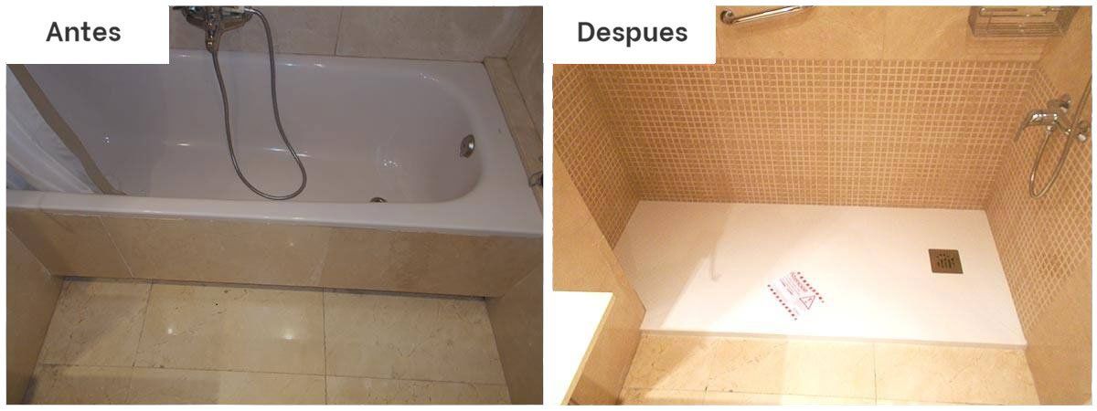 Una foto del antes y el después de una bañera y una ducha.