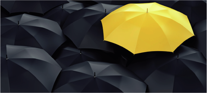 Un paraguas amarillo está rodeado de paraguas negros.