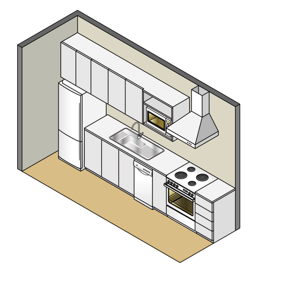 Un dibujo isométrico de una cocina con gabinetes blancos.