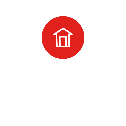Un ícono de una casa en un círculo rojo sobre un fondo blanco.